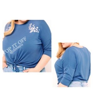 BLUE WHITE EMBROIDERY ACCENT FRONT TIE DROP SLEEVE TOP
